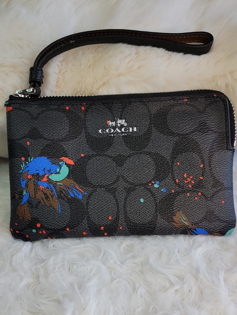 Coach Black Signature Wristlet with Blue, Teal and Brown Bird Motif